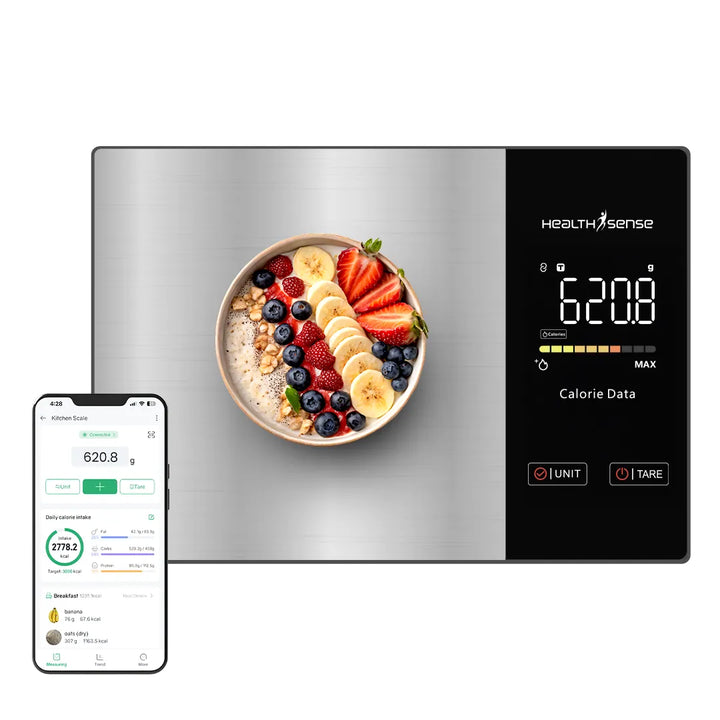 HealthSense Kitchen Weighing Machine for Food|Digital Weight Scale for Home with Nutritional Calculator App 24 Nutrients LED Display Tare Function Stainless Steel Platform |1Year Warranty(KS100)