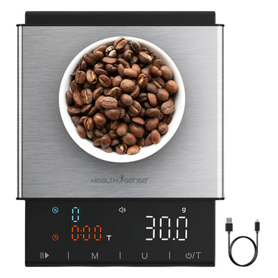 HealthSense Coffee Scale with Timer 0.1g Precision Digital Espresso & Pour Over Coffee Weight Scale | USB Rechargeable, Platform, Tare & Dual Timer, LED Touch Display | Baristas & Manual Brewing