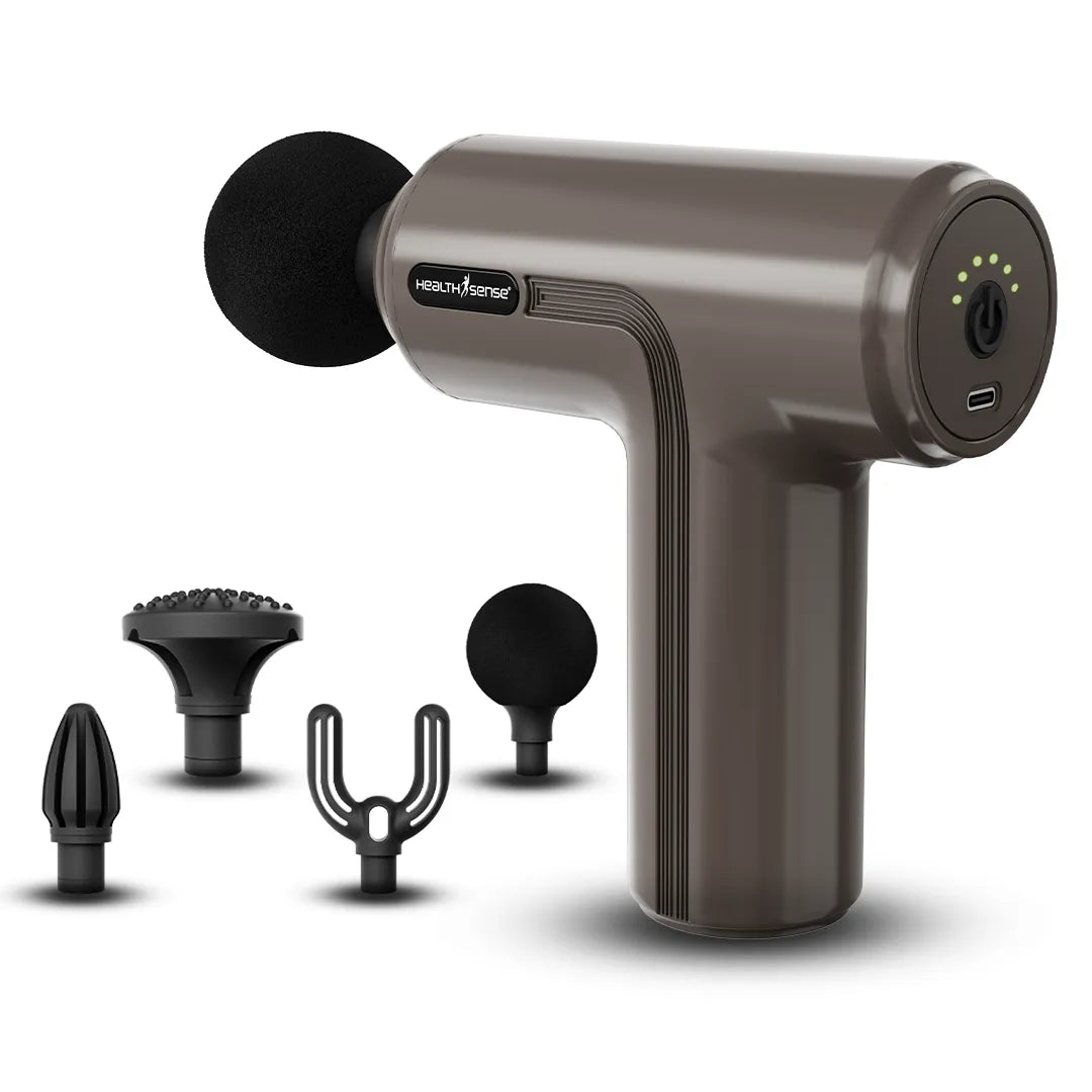 HealthSense Percussion Gun Massager machine for Full Body Pain Relief for Men & Women | 2800 RPM Deep Tissue Massage Gun with Speed Indicator | 4 Removable Heads | 6 Speed Levels | High Torque Motor | Lightweight with Non-Slip Handle HM140