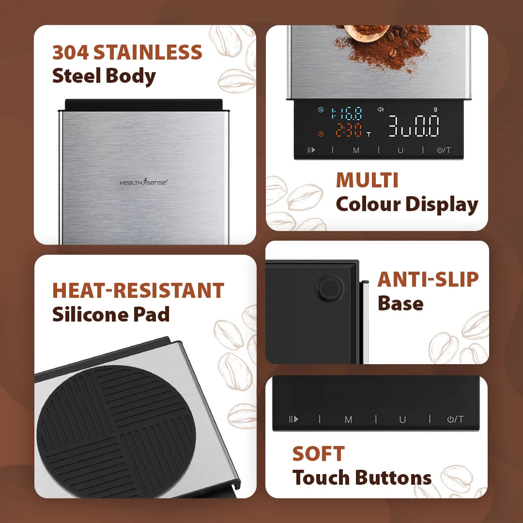 HealthSense Coffee Scale with Timer 0.1g Precision Digital Espresso & Pour Over Coffee Weight Scale | USB Rechargeable, Platform, Tare & Dual Timer, LED Touch Display | Baristas & Manual Brewing