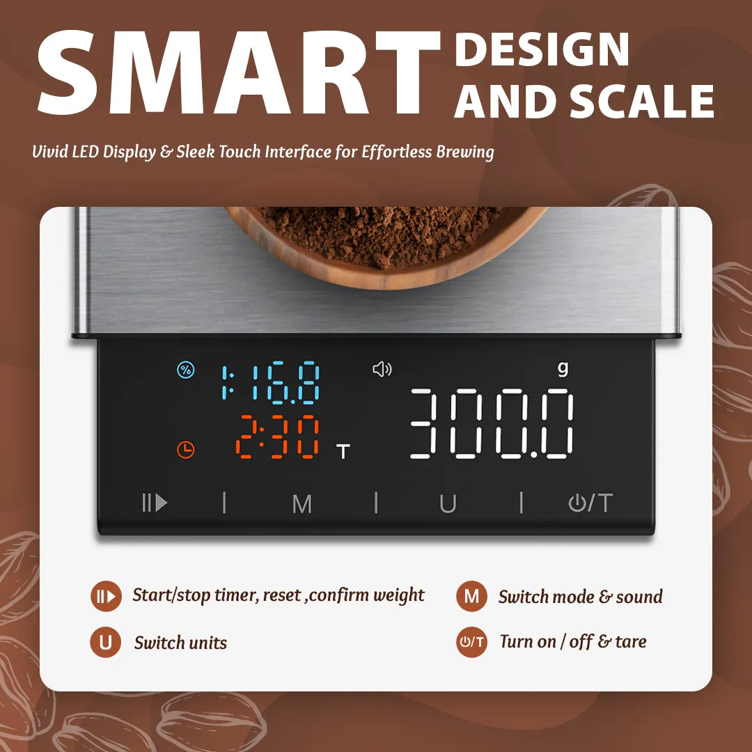HealthSense Coffee Scale with Timer 0.1g Precision Digital Espresso & Pour Over Coffee Weight Scale | USB Rechargeable, Platform, Tare & Dual Timer, LED Touch Display | Baristas & Manual Brewing