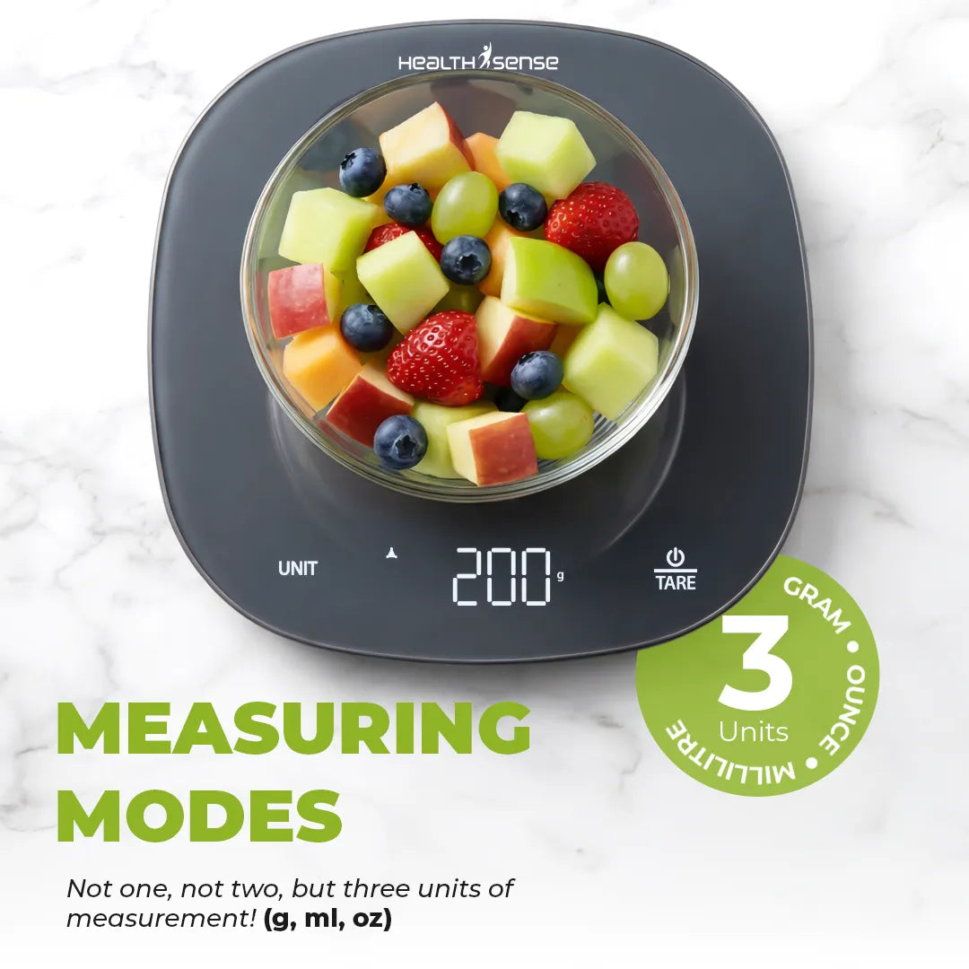 HealthSense Weighing machine for food, Kitchen weight scale with 5kg Capacity, 1g Accuracy, LED Display, Touch Tare Function, Glass Surface, Overload Indicator, Auto-Off | 1 Year Warranty – Chef-Mate