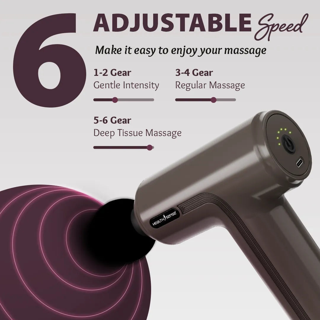 HealthSense Percussion Gun Massager machine for Full Body Pain Relief for Men & Women | 2800 RPM Deep Tissue Massage Gun with Speed Indicator | 4 Removable Heads | 6 Speed Levels | High Torque Motor | Lightweight with Non-Slip Handle HM140