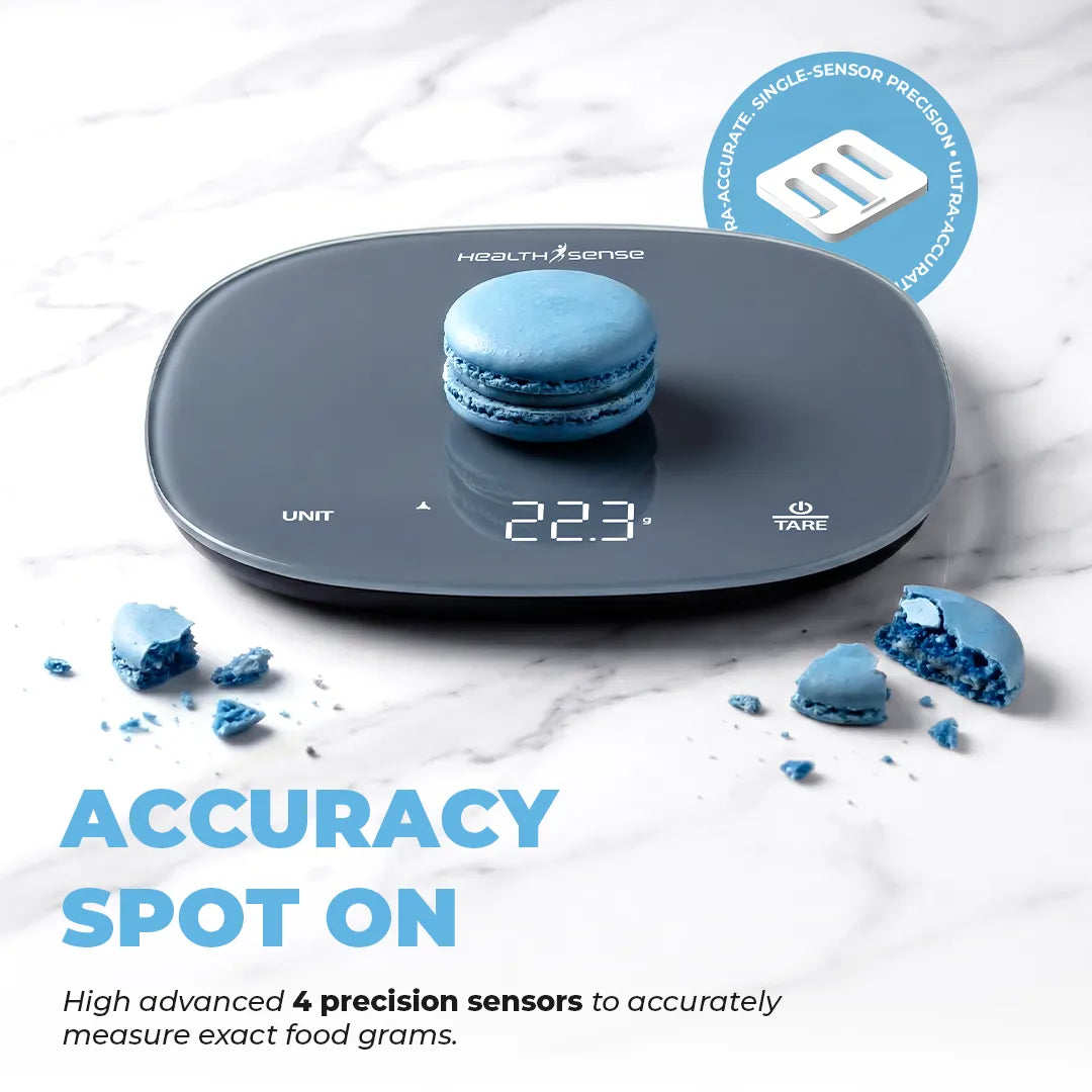HealthSense Weighing machine for food, Kitchen weight scale with 5kg Capacity, 1g Accuracy, LED Display, Touch Tare Function, Glass Surface, Overload Indicator, Auto-Off | 1 Year Warranty – Chef-Mate
