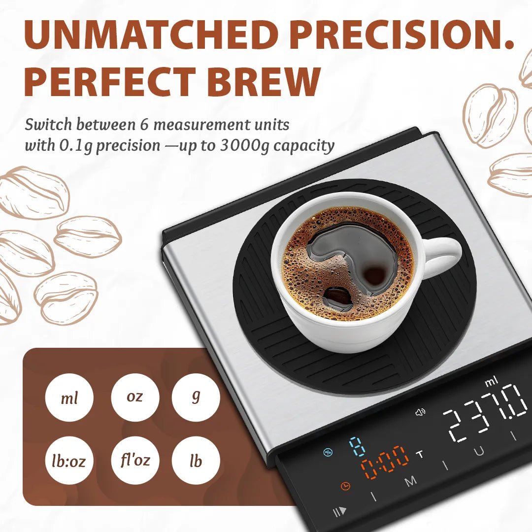 HealthSense Coffee Scale with Timer 0.1g Precision Digital Espresso & Pour Over Coffee Weight Scale | USB Rechargeable, Platform, Tare & Dual Timer, LED Touch Display | Baristas & Manual Brewing