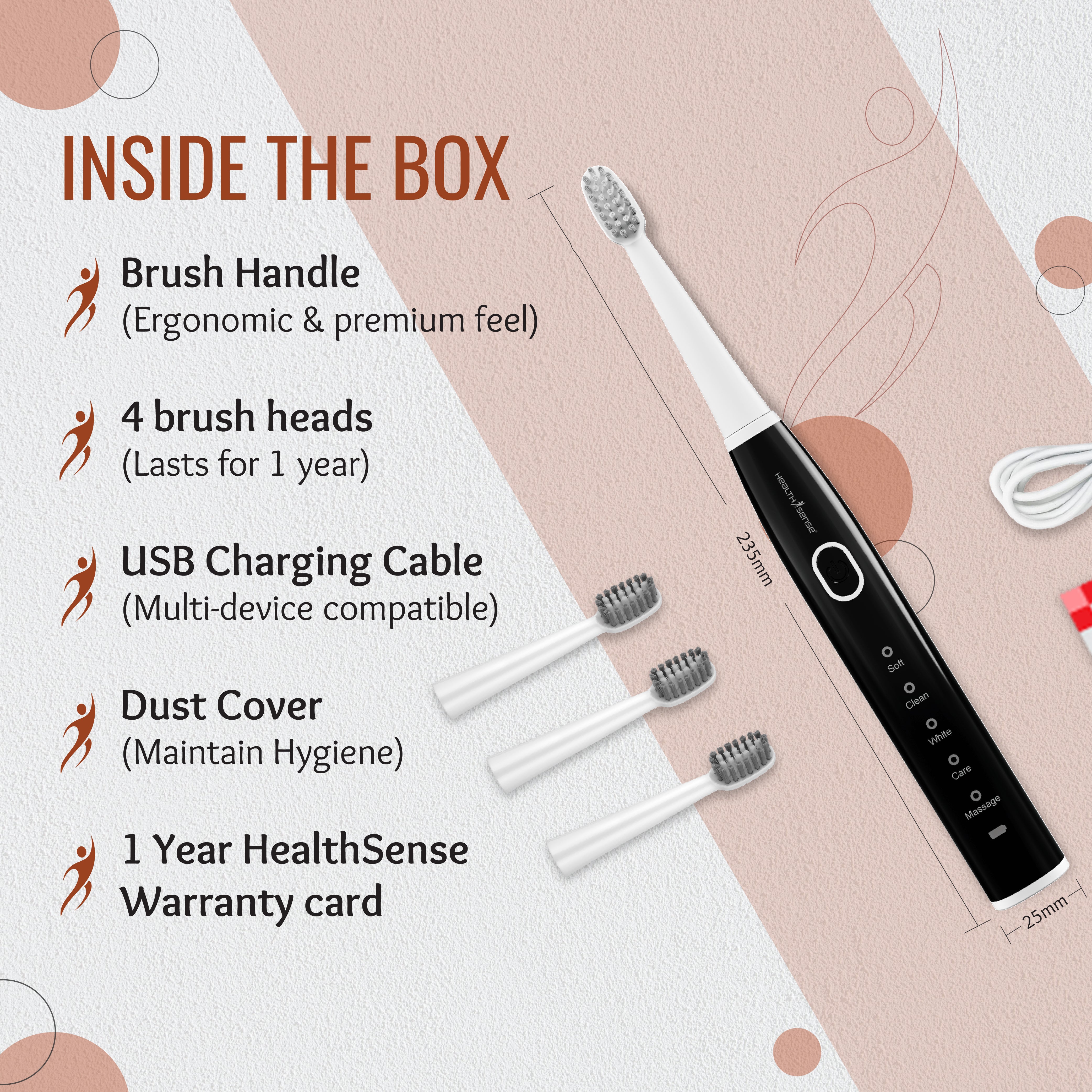 Electric Toothbrush Rechargeable Sonic Brush for Adult | 4 Brush Heads | IPX7 Waterproof | 5 Operational Modes | 1 Year Warranty – Clean-Care ET 730