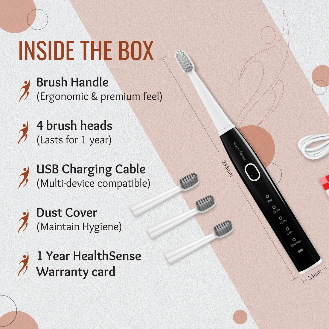 Electric Toothbrush Rechargeable Sonic Brush for Adult | 4 Brush Heads | IPX7 Waterproof | 5 Operational Modes | 1 Year Warranty – Clean-Care ET 730