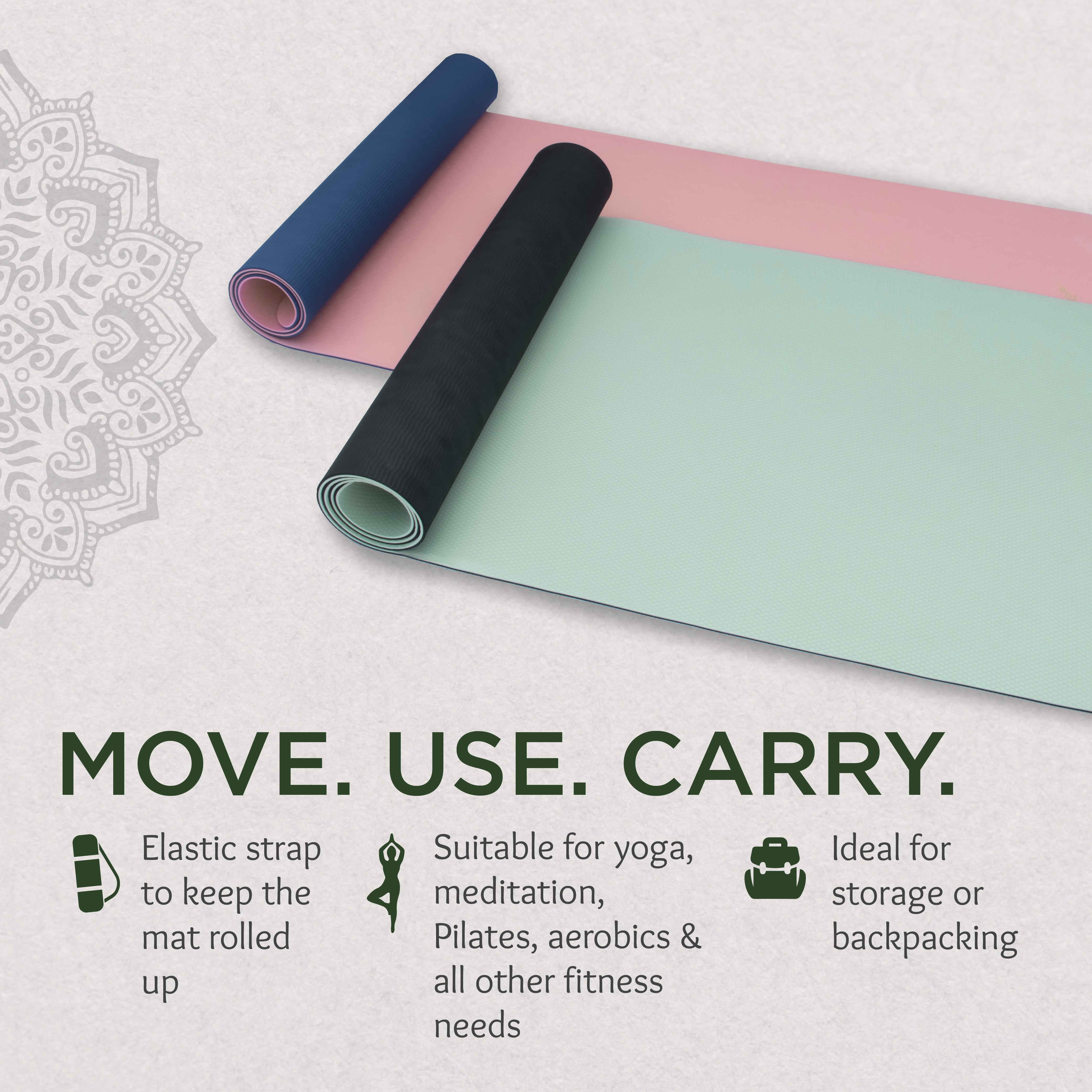 Yoga Mat for Women & Men with Carry Rope, TPE Material YM 601 (SAGE & BLACK)